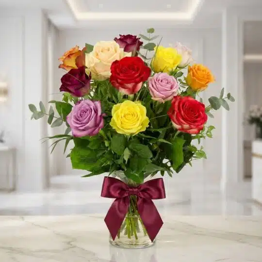 Jarron de Rosas CRISTINA con 12 rosas de diferentes colores vibrantes, como rojo, amarillo, rosa, morado y naranja, con folla