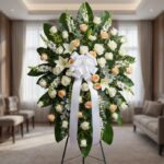 Pedestal fúnebre 'Descansa Ahora' con rosas blancas y durazno, lirios y gladiolos, en una sala de velación premium con luz na