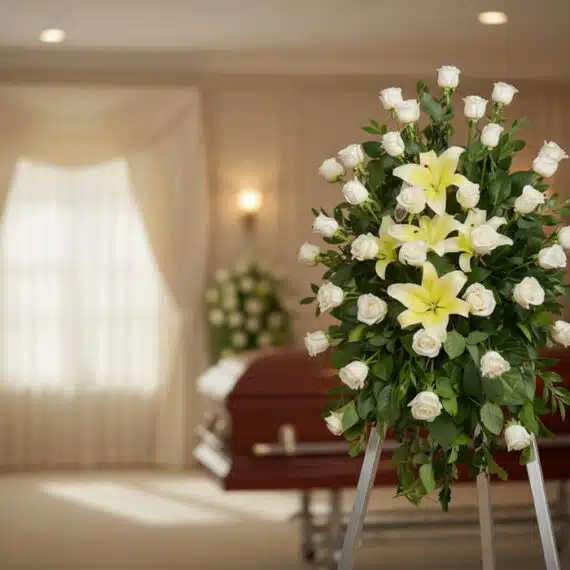 Pedestal fúnebre "Luz de Jacinta" con rosas blancas y lirios amarillos en sala de velación moderna, ataúd desenfocado al fond