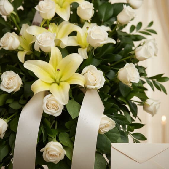 Primer plano de un arreglo floral fúnebre "Luz de Jacinta" con rosas blancas, lirios amarillos pálidos, follaje verde y una c
