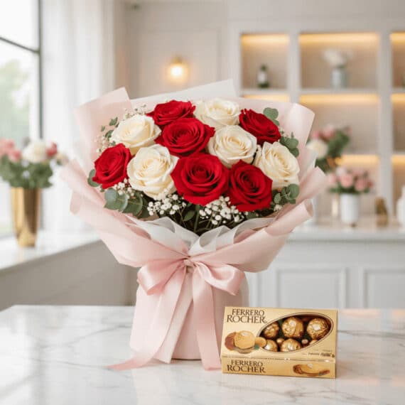 Ramillete Dulce Despertar: Rosas Rojas y Blancas con Ferrero Rocher Ramillete Dulce Despertar con 12 rosas rojas y blancas, empaque coreano rosa, eucalipto y gypsophila, junto a una caja de Fer