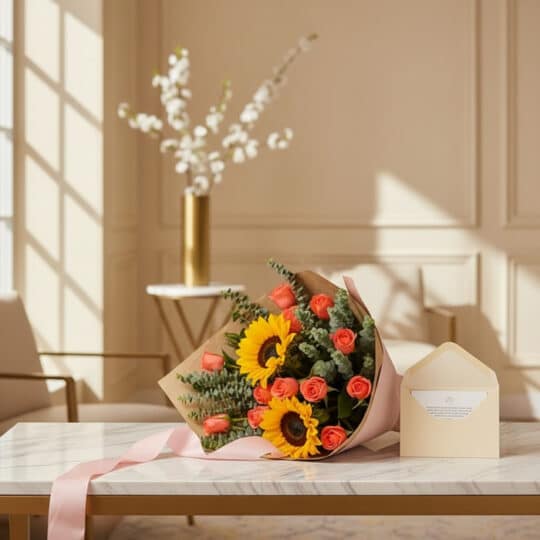 Ramo Beatrice con rosas salmón y girasoles, envuelto en papel kraft y cinta rosa, sobre mesa de mármol con tarjeta de regalo