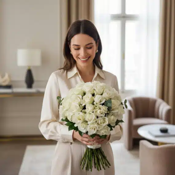Mujer elegante sonriendo y admirando un gran ramo de 60 rosas blancas JACOBELLA, con un fondo de hogar de lujo desenfocado.